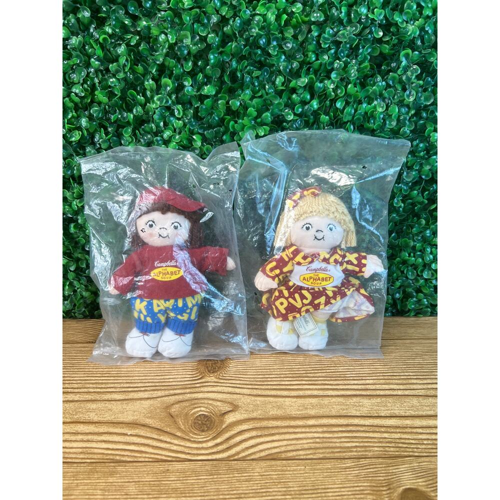 Vintage 2001 Campbells Alphabet Soup Kids Boy Girl Plush Doll Set of 2 NEW